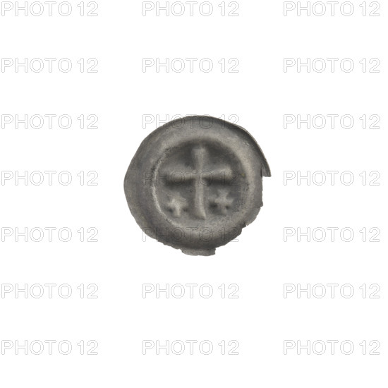 Denarius (bracteate); one-sided coin featuring a Latin cross with slightly widening arm ends. On each side of its longer arm is an equal-armed cross. Iconography: Latin and equal-armed crosses. Associated with the Teutonic Knights (Order), State of the Teutonic Order, ca. 1317/1318–ca. 1327/1328. Diameter 14.2 mm; weight 0.17 g.