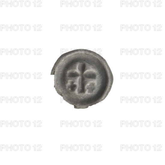 Denarius bracteate coin, one-sided; obverse: Latin cross with slightly widening arm ends, with an equal-armed cross on each side of its longer arm; iconography includes Latin cross and equal-armed crosses; associated with the Teutonic Knights (Order). Date: ca. 1317/1318–ca. 1327/1328. Material/function: coin (bracteate). Diameter: 14.2 mm; weight: 0.17 g.
