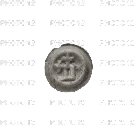 Denarius bracteate, rectangle-D (iconographic); one-sided silver coin featuring a rectangular letter D with two attached crosses, two additional crosses, and a six-pointed star on the right; stars motif; associated with the Teutonic Order; ca. 1345–ca. 1353; diameter 14 mm; weight 0.18 g.