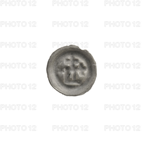 Denarius bracteate, rectangle-D iconographic type; one-sided coin featuring a rectangular letter D with two attached crosses, two crosses, stars including a six-pointed star. Associated with the Teutonic Order. Ca. 1345–ca. 1353. Diameter 14 mm; weight 0.18 g.