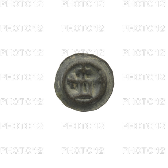 Denarius — bracteate, rectangle-D (iconographic). One-sided coin depicting a rectangular letter D with two attached crosses; on the right side a six-pointed star and additional stars. Associated with the Teutonic Knights (Order). Ca. 1345–ca. 1353. Coin (one-sided). Diameter 14 mm; weight 0.21 g.