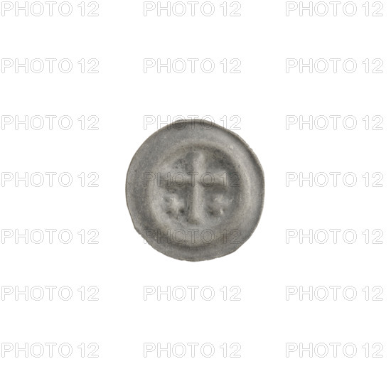 Denarius (bracteate); one-sided coin depicting a Latin cross with slightly widening arm ends; on each side of its longer arm an equal-armed cross; iconography includes Latin and equal-armed crosses; associated with the Teutonic Knights (Order), State of the Teutonic Order (1226–1525); ca. 1317/1318–ca. 1327/1328; coin (one-sided); diameter 14.0–14.1 mm; weight 0.27 g.
