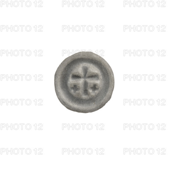 Denarius bracteate, one-sided coin featuring a Latin cross with slightly widening arm ends; on each side of its longer arm, one equal-armed cross. Iconography: Latin cross, equal-armed crosses. Associated with the Teutonic Knights (Order). Date: ca. 1317/1318–ca. 1327/1328, State of the Teutonic Order (1226–1525). Material: coin (one-sided). Diameter: 14.0–14.1 mm. Weight: 0.27 g.