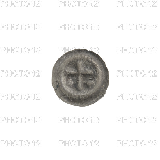 Denarius bracteate coin, one-sided, featuring a Latin cross with slightly widening arm ends; on each side of its longer arm is an equal-armed cross. Iconography includes Latin and equal-armed crosses. Attributed to the Teutonic Order (State of the Teutonic Order, 1226–1525), ca. 1317/1318–ca. 1327/1328. Diameter 14 mm, weight 0.19 g.