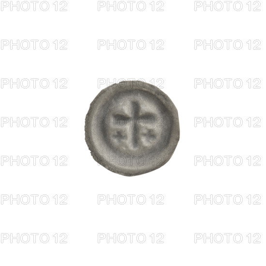 Denarius bracteate; one-sided coin featuring a Latin cross with slightly widening arm ends; on each side of its longer arm, an equal-armed cross; additional equal-armed crosses; Latin cross (iconographic); one-sided coins; Teutonic Knights (order); Nervin; ca. 1317/1318–ca. 1327/1328; State of the Teutonic Order (1226–1525); coin (one-sided); diameter 14 mm; weight 0.19 g