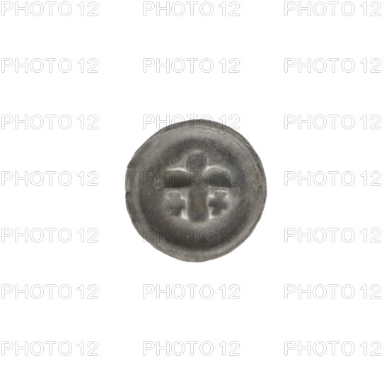 Denarius bracteate with Latin cross (iconographic). One-sided coin featuring a Latin cross with slightly widening arm tips; on each side of its longer arm, one equal-armed cross (iconographic). Associated with the Teutonic Knights (Order). Dated ca. 1317/1318–ca. 1327/1328, State of the Teutonic Order (1226–1525). Coin (one-sided). Diameter 14.0–14.1 mm; weight 0.21 g.