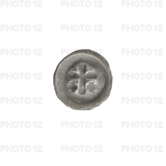 Denarius bracteate, one-sided coin depicting a Latin cross with slightly widening arm ends; on each side of its longer arm, one equal-armed cross. Iconography: Latin cross, equal-armed crosses. Teutonic Knights (Order). Circa 1317/1318–ca. 1327/1328. State of the Teutonic Order (1226–1525). Coin (one-sided). Diameter 14.3 mm; weight 0.21 g.