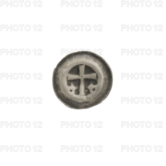 Denarius (bracteate) with Latin cross iconography; Nervin deposits; equal-armed crosses; one-sided coin; Teutonic Knights (order). Design: Latin cross with slightly widening arm tips; on each side of its longer arm, one equal-armed cross. Date ca. 1317/1318–ca. 1327/1328. State of the Teutonic Order (1226–1525). Coin (one-sided), diameter 14.1 mm, weight 0.22 g.