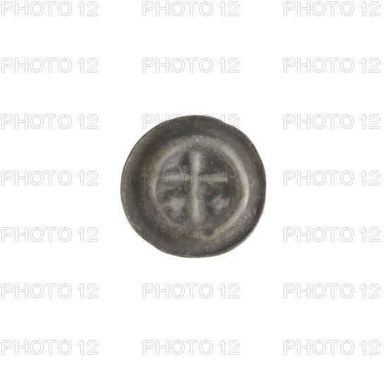 Denarius (bracteate), one-sided coin depicting a Latin cross with slightly widening arm tips; on each side of its longer arm, one equal-armed cross. Iconography: Latin cross, equal-armed crosses. Associated with the Teutonic Knights. Dated ca. 1317/1318–ca. 1327/1328. State of the Teutonic Order (1226–1525). Diameter 14.7–14.8 mm; weight 0.21 g.