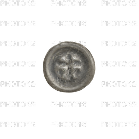 Denarius bracteate coin, one-sided; obverse: Latin cross with slightly widening arm tips, with an equal-armed cross on each side of its longer arm; iconography includes Latin and equal-armed crosses; associated with the Teutonic Knights (Order), State of the Teutonic Order (1226–1525); dated ca. 1317/1318–ca. 1327/1328; diameter 14.7–14.8 mm; weight 0.21 g.