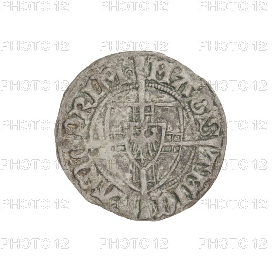 Teutonic szelag, Michal Küchmeister (Grand Master; 1414–1422). Obverse: monastic shield of the Grand Master; below the Jerusalem cross, a cross with elongated, widening arms dividing the rim legend and reaching the outer rim. Rim between pearl borders bears an inscription. Reverse: monastic shield with a cross with elongated arms dividing the rim legend and reaching the outer rim. Rim between pearl borders bears an inscription. Date: 1416–1422. State of the Teutonic Order (1226–1525), Torun. Coin; diameter 21.5 mm; weight 1.61 g; axis 120°.