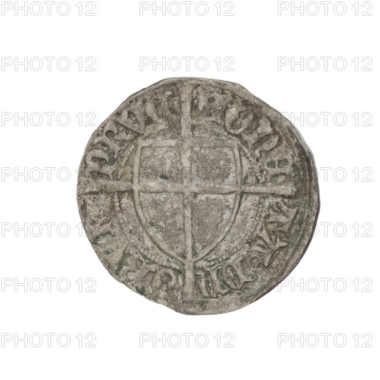 Teutonic szelag, Michal Küchmeister (Grand Master; 1414–1422). Obverse: monastic shield of the Grand Master; below the Jerusalem cross, a cross with elongated, widening arms dividing the rim legend and reaching the outer rim. Rim between pearly borders with inscription. Reverse: monastic shield with a cross with elongated arms dividing the rim legend and reaching the outer rim. Inscription in rim between pearl borders. Date: 1416–1422. State of the Teutonic Order (1226–1525), Torun. Coin; diameter 21.5 mm; weight 1.61 g; axis 120°.