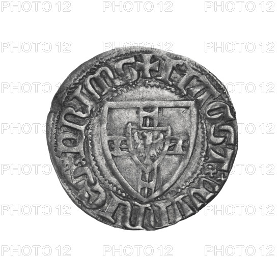 Teutonic szelag, Winrych von Kniprode (Grand Master; 1351–1382). Obverse: monastic shield of the Grand Master (iconographic). Reverse: monastic shield. On the rim, between the pearly borders, an inscription. Date: 1380–1382. Teutonic Order (1226–1525), Torun. Coin; diameter 21.3 mm; weight 1.71 g; axis 0°.