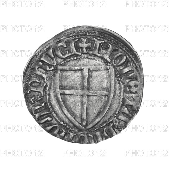 Teutonic szelag, Winrych von Kniprode (Grand Master; 1351–1382). Obverse: Monastic shield of the Grand Master; on the rim between pearly borders, an inscription. Reverse: Monastic shield; on the rim between pearly borders, an inscription. Date: 1380–1382. State of the Teutonic Order (1226–1525), Torun. Coin; diameter 21.3 mm; weight 1.71 g; axis 0°.