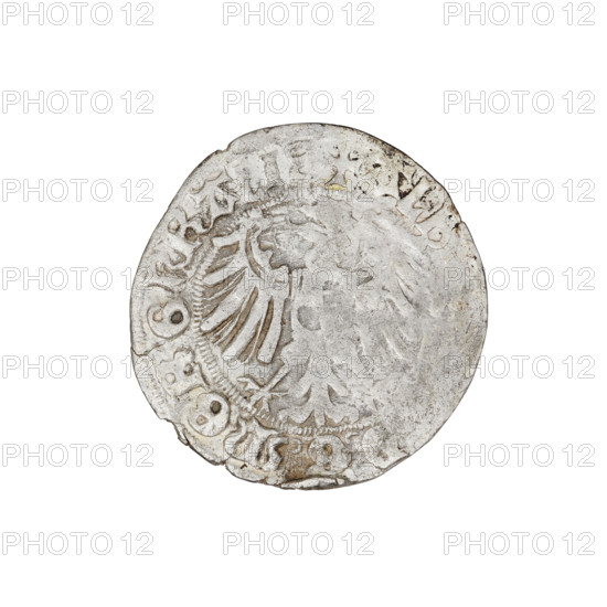 Teutonic groschen, Albrecht Hohenzollern (prince in Prussia; Grand Master; 1490–1568), R5 (rarity). Obverse: Brandenburg eagle with the Hohenzollern shield on its breast; on the rim, between pearly borders, an inscription. Reverse: Teutonic Knights' shield with a cross whose elongated, widening arms divide the rim legend and reach the outer rim; in the rim between the pearl borders an inscription. Iconography: cross with elongated arms, Teutonic Knights' shield, Brandenburg eagle, Hohenzollern coat of arms. Date: 1516. State of the Teutonic Order (1226–1525), Königsberg. Coin, diameter 20.3 mm, weight 1.28 g, axis 0°.