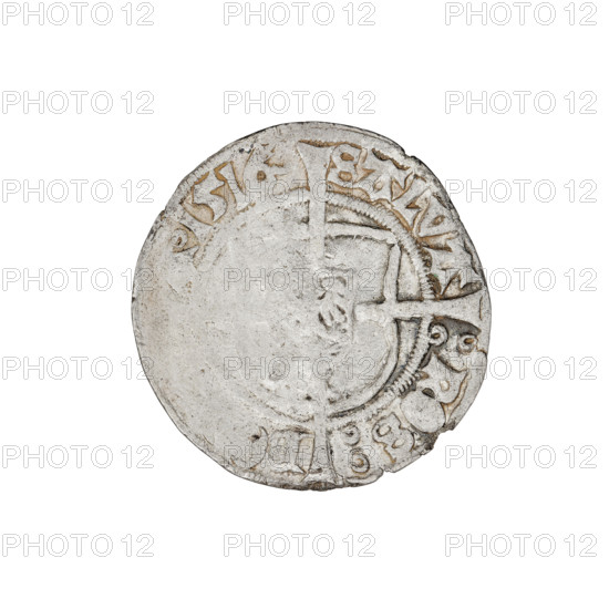 Teutonic groschen, Albrecht Hohenzollern (prince in Prussia; Grand Master; 1490–1568), R5 (rarity). Obverse: Brandenburg eagle with the Hohenzollern shield on its breast; on the rim, between pearly borders, an inscription. Reverse: Teutonic Knights' shield with a cross whose elongated, widening arms divide the rim legend and reach the outer rim; in the rim between the pearly borders there is an inscription. Iconography: cross with elongated arms, Teutonic Knights' shield, Brandenburg eagle, Hohenzollern coat of arms. Date: 1516. State of the Teutonic Order (1226–1525), Königsberg. Coin; diameter 20.3 mm; weight 1.28 g; axis 0 degrees.
