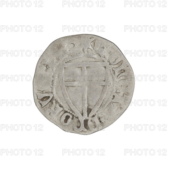 Teutonic szelag, Michal Küchmeister (Grand Master; 1414–1422). Obverse: monastic shield of the Grand Master with arched crossbar ends; in the rim between pearly borders, an inscription. Reverse: monastic shield; in the rim between the pearly borders, an inscription. Date: 1414–1416. Issuer: State of the Teutonic Order (1226–1525), Gdansk. Coin; diameter 20.2 mm, weight 1.18 g, axis 170°.