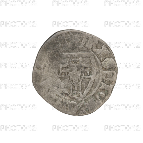 Teutonic szelag, Michal Küchmeister (Grand Master; 1414–1422). Obverse: monastic shield of the Grand Master (iconographic), crossbars at the ends of the arms of the cross are arched; in the rim, between pearly borders, an inscription. Reverse: monastic shield (iconographic); in the rim, between pearly borders, an inscription, 1414–1416. Teutonic Knights (order), State of the Teutonic Order (1226–1525). Coin; Gdansk mint; diameter 20.7 mm; weight 1.48 g; axis 190°.