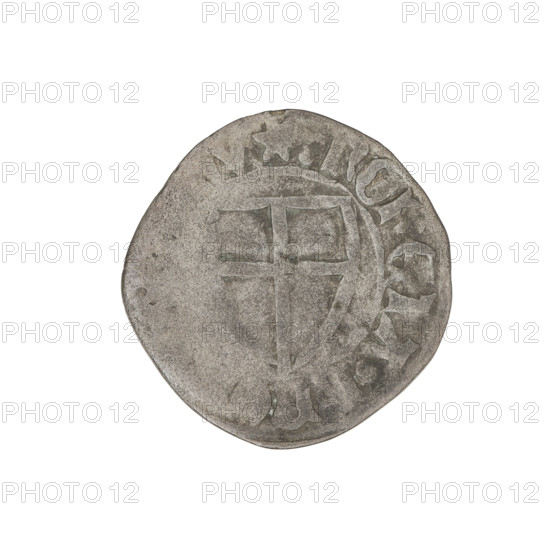 Teutonic szelag, Michal Küchmeister (Grand Master; 1414–1422). Obverse: monastic shield of the Grand Master (iconographic), crossbars at the ends of the arms of the cross are arched; in the rim, between the pearly borders, an inscription. Reverse: monastic shield; in the rim, between the pearly borders, an inscription, 1414–1416. Teutonic Knights (order), State of the Teutonic Order (1226–1525), Gdansk. Coin: dia. 20.7 mm, weight 1.48 g, axis 190°.