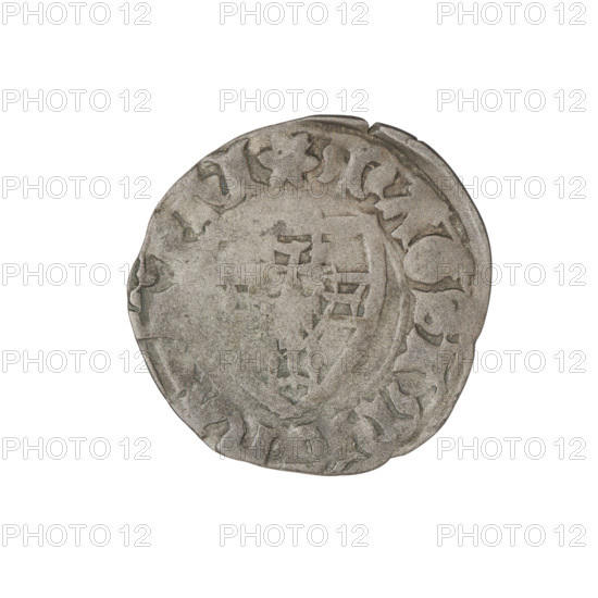 Teutonic szelag, Michal Küchmeister (Grand Master; 1414–1422). Obverse: monastic shield of the Grand Master; the crossbars at the ends of the arms of the cross are arched. In the rim, between pearly borders, an inscription. Reverse: monastic shield; in the rim, between pearly borders, an inscription. Date: 1414–1416. Issuer: State of the Teutonic Order (1226–1525), Gdansk. Coin; diameter 20.7–20.9 mm; weight 1.27 g; axis 225°.
