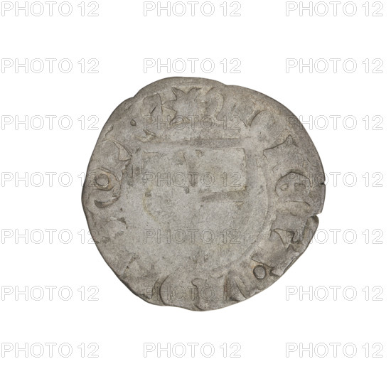 Teutonic szelag, Michal Küchmeister (Grand Master; 1414–1422). Obverse: monastic shield of the Grand Master with crossbars at the ends of the arms arched; in the rim, between pearly borders, an inscription. Reverse: monastic shield; in the rim, between pearly borders, an inscription. Date: 1414–1416. Issuer: State of the Teutonic Order (1226–1525). Place: Gdansk. Coin. Diameter 20.7–20.9 mm, weight 1.27 g, axis 225°. Style/iconography: Teutonic shield, monastic shield of the Grand Master; Teutonic Knights (order). Manufacturer: Jewellery Factory (?-1965).