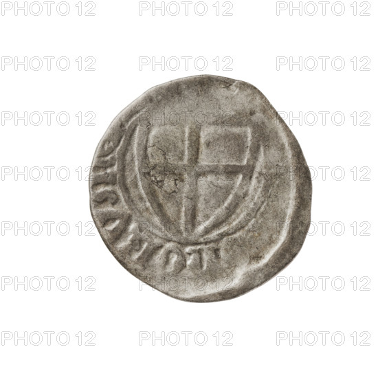 Teutonic szelag, Michal Küchmeister (Grand Master; 1414–1422). Obverse: monastic shield of the Grand Master (iconographic), the crossbars at the ends of the arms of the cross are arched; on the rim, between the pearly borders, an inscription. Reverse: monastic shield; on the rim, between the pearly borders, an inscription. Date: 1414–1416. State of the Teutonic Order (1226–1525). Gdansk. Coin, diameter 20 mm, weight 1.74 g, axis 180°.