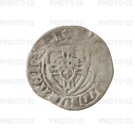 Teutonic szelag, Michal Küchmeister (Grand Master; 1414–1422). Obverse: monastic shield of the Grand Master, the crossbars at the ends of the arms of the cross are arched; in the rim, between pearly borders, an inscription. Reverse: monastic shield; in the rim, between pearly borders, an inscription. Date: 1414–1416. Teutonic Order (1226–1525), Gdansk. Coin, diameter 21.8 mm, weight 1.16 g, axis 270°.