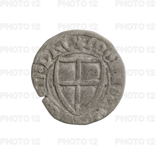 Teutonic szelag, Michal Küchmeister (Grand Master; 1414–1422). Obverse: monastic shield of the Grand Master with crossbars whose ends are arched; inscription in the rim between pearly borders. Reverse: monastic shield; inscription in the rim between pearly borders; date 1414–1416. Teutonic Knights (order). State of the Teutonic Order (1226–1525). Gdansk. Coin. Diameter 20.2–20.4 mm; weight 1.45 g; axis 150°.