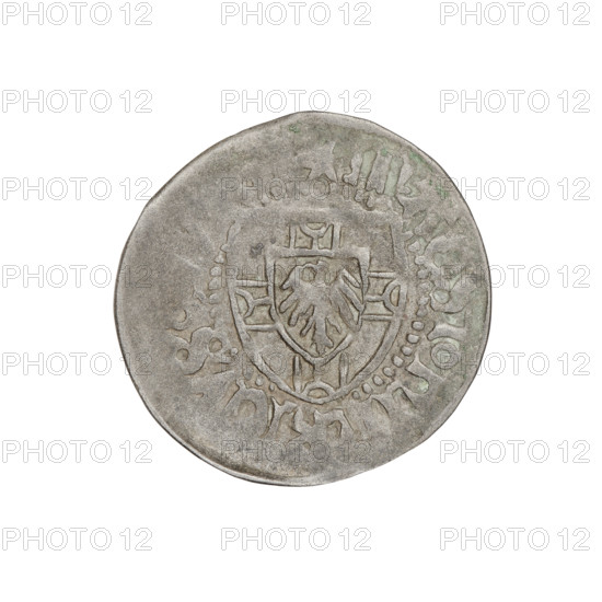 Teutonic szelag, Henryk Reffle von Richtenberg (Grand Master; 1470–1477). Obverse: monastic shield of the Grand Master; in the rim between the pearl borders, an inscription. Reverse: monastic shield; in the rim between the pearl borders, an inscription. Date: 1470–1477. Issuer: State of the Teutonic Order (1226–1525), Königsberg. Coin, diameter 21.2 mm, weight 1.37 g, axis 315°.