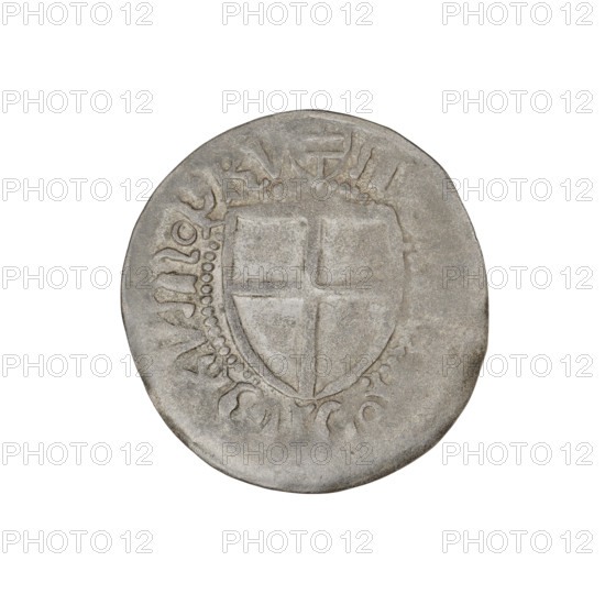Teutonic szelag, Henryk Reffle von Richtenberg (Grand Master; 1470–1477). Obverse: monastic shield of the Grand Master (Teutonic shield iconographic). Reverse: monastic shield. In the rim between the pearl borders, an inscription; inscription also reads 1470–1477. Teutonic Knights (order). State of the Teutonic Order (1226–1525), Königsberg. Coin; diameter 21.2 mm, weight 1.37 g, axis 315°.