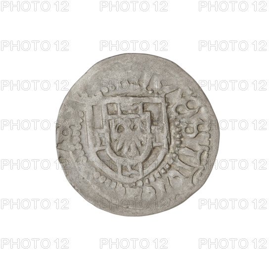 Teutonic szelag, Henryk Reffle von Richtenberg (Grand Master; 1470–1477). Obverse: Teutonic shield of the Grand Master; in the rim, between the pearly borders, an inscription. Reverse: Teutonic shield; in the rim, between the pearly borders, an inscription, 1470–1477. State of the Teutonic Order (1226–1525), Königsberg. Coin; diameter 20.2 mm; weight 1.45 g; axis 180°.