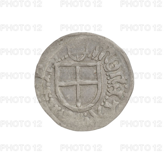 Teutonic szelag, Henryk Reffle von Richtenberg (Grand Master; 1470–1477). Obverse: Teutonic shield of the Grand Master; in the rim between pearly borders, an inscription. Reverse: Teutonic shield; in the rim between pearly borders, an inscription. Legend: 1470–1477. State of the Teutonic Order (1226–1525), Königsberg. Coin; diameter 20.2 mm; weight 1.45 g; axis 180°. Manufacturer: Jewellery Factory (?-1965).