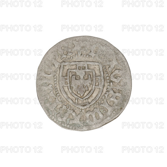 Teutonic szelag. Marcin Truchsess von Wetzhausen (Grand Master; 1477–1489). Publisher: Wesner, Hans (fl. 1480–?). Jewellery Factory (?-1965). Iconography: Teutonic shield; monastic shield of the Grand Master; Teutonic Knights (order). Obverse: monastic shield of the Grand Master; on the rim between the pearl borders an inscription. Reverse: monastic shield; in the rim between the pearl borders an inscription, 1477–1489. State of the Teutonic Order (1226–1525). Königsberg. Coin. Diameter 19.4 mm; weight 1.36 g; axis 315°.