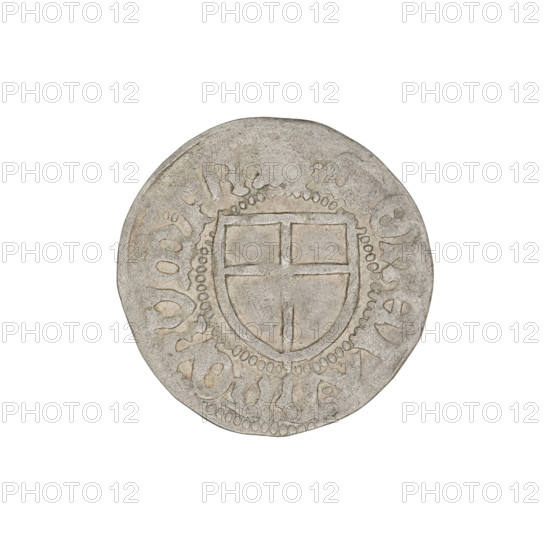 Teutonic szelag. Marcin Truchsess von Wetzhausen (Grand Master; 1477–1489). Wesner, Hans (fl. 1480–?), publisher (from 1480). Teutonic shield (iconographic), monastic shield of the Grand Master (iconographic), Teutonic Knights (order). Obverse: monastic shield of the Grand Master; on the rim between the pearl borders an inscription. Reverse: monastic shield; in the rim between the pearl borders an inscription, 1477–1489. State of the Teutonic Order (1226–1525), Königsberg. Coin; diameter 19.4 mm; weight 1.36 g; axis 315°.