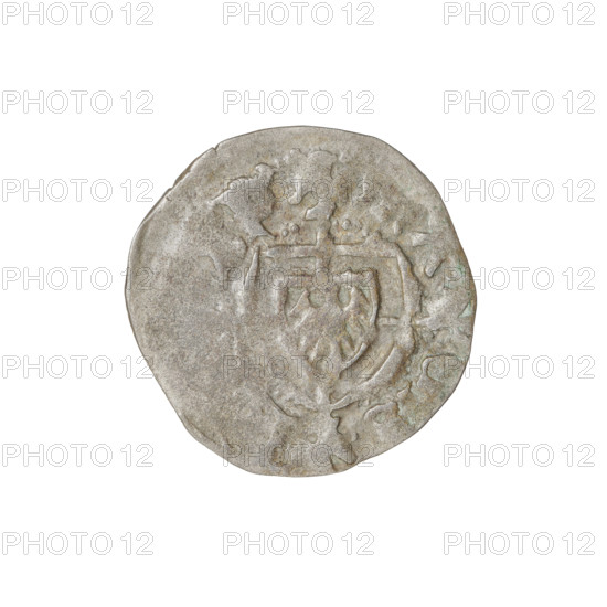 Teutonic szelag, Jan von Tiefen (Grand Master; 1489–1497), publisher Wesner, Hans (fl. 1480–?), lily-shaped cross (iconographic), Teutonic shield (iconographic), monastic shield of the Grand Master (iconographic), Teutonic Knights (order). Obverse: monastic shield of the Grand Master with a cross whose elongated arms, terminating in lilies, divide the rim legend and reach the outer rim. On the rim, between the pearly borders, the inscription. Reverse: on the rim between the pearl borders there is an inscription, 1489–1497, State of the Teutonic Order (1226–1525), Königsberg. Coin; diameter 19.7 mm; weight 1.27 g; axis 180°.