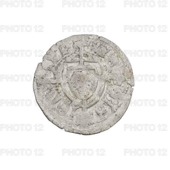 Teutonic szelag, Jan von Tiefen (Grand Master; 1489–1497), Wesner, Hans (fl. 1480–?), publisher (from 1480). Teutonic shield (iconographic), monastic shield of the Grand Master (iconographic), lily-shaped cross (iconographic). Teutonic Knights (order). Obverse: monastic shield of the Grand Master (eagle facing right) with a cross whose elongated arms, terminating in lilies, reach the outer rim, dividing the rim legend. On the rim, between the pearly borders, the inscription. Reverse: monastic shield. Inscription on rim between the pearl borders: 1489–1497. State of the Teutonic Order (1226–1525), Königsberg. Coin; diameter 20 mm; weight 1.31 g; axis 315°.