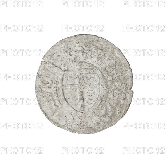 Teutonic szelag, Jan von Tiefen (Grand Master; 1489–1497), Wesner, Hans (fl. 1480–?), publisher (from 1480). Teutonic shield (iconographic), monastic shield of the Grand Master (iconographic), lily-shaped cross (iconographic), Teutonic Knights (order). Obv.: Monastic shield of the Grand Master (eagle facing right) with a cross whose elongated arms, terminating in lilies, reach the outer rim, dividing the rim legend. On the rim, between the pearly borders, the inscription. Rev.: On the rim between the pearl borders there is an inscription, 1489–1497. State of the Teutonic Order (1226–1525), Königsberg. Coin; diameter 20 mm; weight 1.31 g; axis 315°.