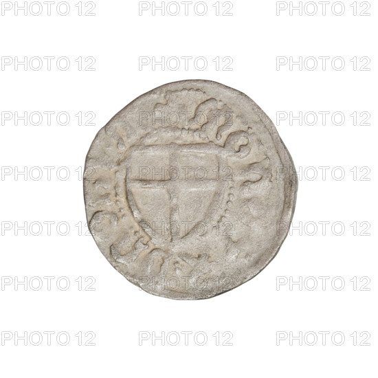 Teutonic szelag, Jan von Tiefen (Grand Master; 1489–1497), Wesner, Hans (fl. 1480–?), publisher (from 1480). Teutonic shield (iconographic), monastic shield of the Grand Master (iconographic), lily-shaped cross (iconographic), Teutonic Knights (order). Obverse: Monastic shield of the Grand Master with a cross whose elongated arms, terminating in lilies, divide the rim legend and reach the outer rim. On the rim, between the pearly borders, the inscription. Reverse: Monastic shield. Inscription: 1489–1497, State of the Teutonic Order (1226–1525), Königsberg. Coin; diameter 19.4–19.6 mm, weight 1.10 g, axis 120°.