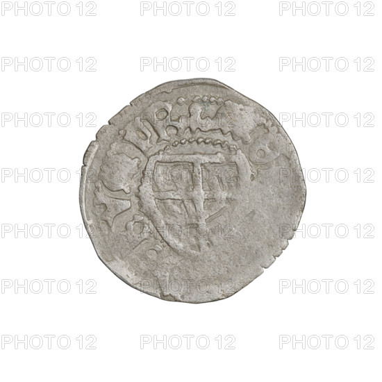 Teutonic szelag, Jan von Tiefen (Grand Master; 1489–1497), Wesner, Hans (fl. 1480–?), publisher (from 1480); lily-shaped cross (iconographic); monastic shield of the Grand Master (iconographic); Teutonic shield (iconographic); Teutonic Knights (order). Obverse: monastic shield of the Grand Master (eagle facing right) with a cross whose elongated arms end in lilies, dividing the rim legend and reaching the outer rim. Rim inscription. Reverse: monastic shield. Date: 1489–1497. State of the Teutonic Order (1226–1525), Königsberg. Coin; diameter 19.8 mm; weight 1.30 g; axis 270°.