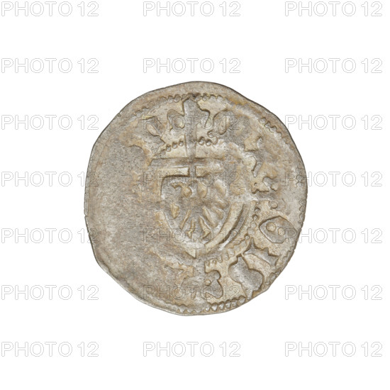 Teutonic szelag, Jan von Tiefen (Grand Master; 1489–1497), Wesner, Hans (fl. 1480–?), publisher (from 1480); lily-shaped cross (iconographic); Teutonic shield (iconographic); monastic shield of the Grand Master (iconographic); Teutonic Knights (order). Obv.: Monastic shield of the Grand Master with a cross whose elongated arms, terminating in lilies, divide the rim legend and reach the outer rim. On the rim, between the pearly borders, the inscription. Rv.: Monastic shield. Inscription: 1489–1497. State of the Teutonic Order (1226–1525), Königsberg. Coin; diameter 20.1 mm; weight 1.35 g; axis 270°.
