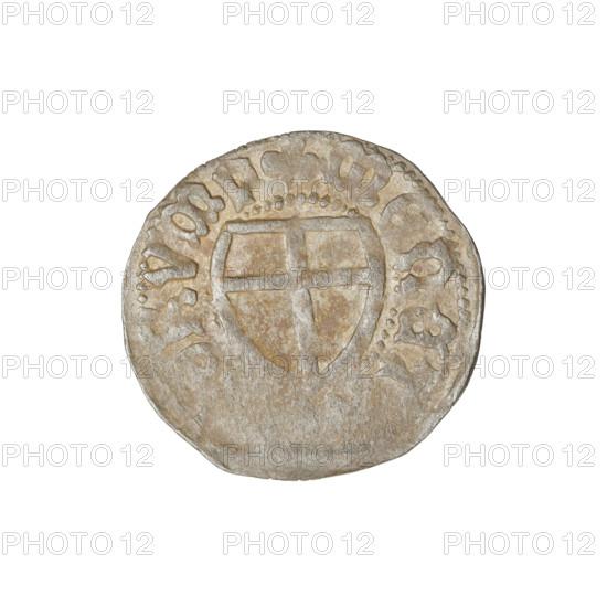 Teutonic szelag, Jan von Tiefen (Grand Master; 1489–1497), Wesner, Hans (fl. 1480–?), publisher (from 1480); lily-shaped cross (iconographic); Teutonic shield (iconographic); monastic shield of the Grand Master (iconographic); Teutonic Knights (order). Obverse: monastic shield of the Grand Master with a cross whose elongated arms terminating in lilies divide the rim legend and reach the outer rim. On the rim, between the pearly borders, the inscription. Reverse: on the rim between the pearl borders an inscription, 1489–1497, State of the Teutonic Order (1226–1525), Königsberg. Coin; diameter 20.1 mm; weight 1.35 g; axis 270°.