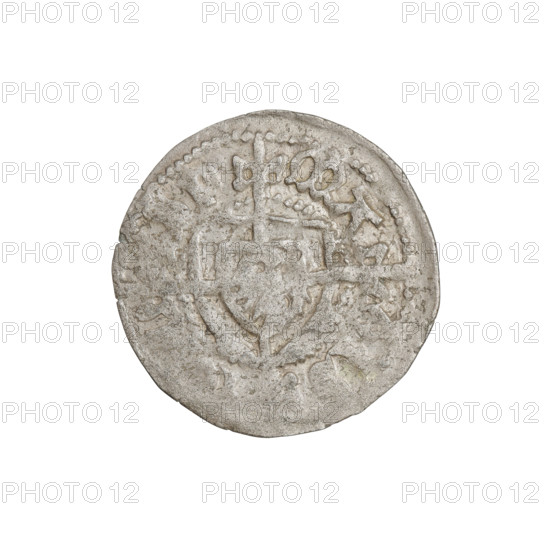 Teutonic szelag, Jan von Tiefen (Grand Master; 1489–1497), Wesner, Hans (fl. 1480–?), publisher (from 1480); Teutonic shield (iconographic); monastic shield of the Grand Master (iconographic); lily-shaped cross (iconographic); Teutonic Knights (order). Obverse: Monastic shield of the Grand Master (eagle facing right) with a cross whose elongated arms, terminating in lilies, reach the outer rim, dividing the rim legend. Rim inscription: 1489–1497. State of the Teutonic Order (1226–1525), Königsberg. Coin; diameter 19.6–19.9 mm; weight 1.16 g; axis 180°.