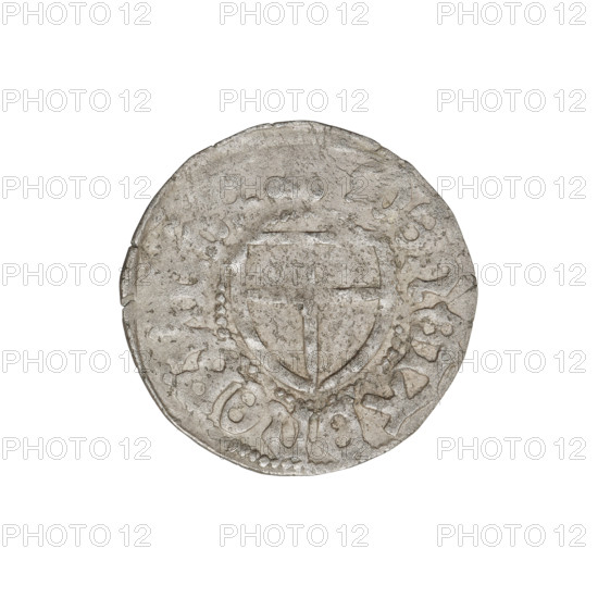 Teutonic szelag, Jan von Tiefen (Grand Master; 1489–1497), publisher Wesner, Hans (fl. 1480–?), Teutonic shield (iconographic), monastic shield of the Grand Master (iconographic), lily-shaped cross (iconographic), Teutonic Knights (order). Obverse: Monastic shield of the Grand Master (eagle facing right) with a cross whose elongated arms, terminating in lilies, reach the outer rim, dividing the rim legend. On the rim, between the pearly borders, the inscription. Reverse: Monastic shield. Inscription: 1489–1497. State of the Teutonic Order (1226–1525), Königsberg. Coin; diameter 19.6–19.9 mm; weight 1.16 g; axis 180°.