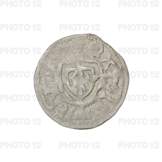 Teutonic szelag, Jan von Tiefen (Grand Master; 1489–1497), Wesner, Hans (fl. 1480–?), publisher (from 1480). Iconography: Teutonic shield, lily-shaped cross, monastic shield of the Grand Master; Teutonic Knights (order). Obverse: Monastic shield of the Grand Master with a cross whose elongated arms, terminating in lilies, divide the rim legend and reach the outer rim. On the rim, between the pearly borders, the inscription. Reverse: Monastic shield; on the rim between the pearl borders there is an inscription. Date: 1489–1497. State of the Teutonic Order (1226–1525), Königsberg. Coin, diameter 20 mm, weight 1.50 g, axis 90°.