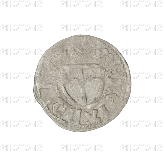 Teutonic szelag, Jan von Tiefen (Grand Master; 1489–1497), Wesner, Hans (fl. 1480–?), publisher (from 1480). Teutonic shield (iconographic), lily-shaped cross (iconographic), monastic shield of the Grand Master (iconographic), Teutonic Knights (order). Obverse: Monastic shield of the Grand Master with a cross whose elongated arms, terminating in lilies, divide the rim legend and reach the outer rim. On the rim, between the pearly borders, the inscription. Reverse: Monastic shield. Date: 1489–1497, State of the Teutonic Order (1226–1525), Königsberg. Coin, diameter 20 mm, weight 1.50 g, axis 90°.