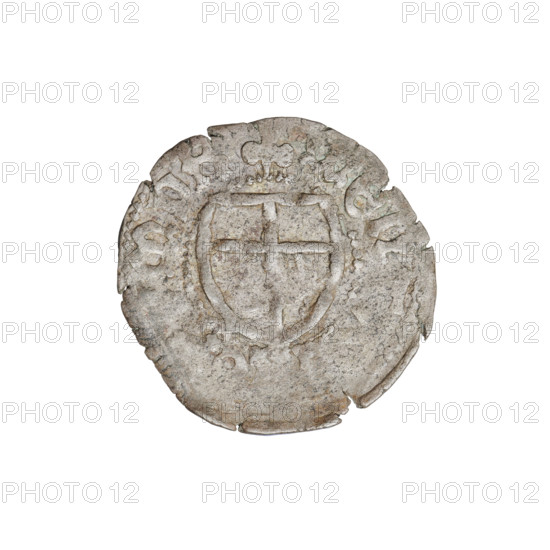 Teutonic szelag, Jan von Tiefen (Grand Master; 1489–1497), Wesner, Hans (fl. 1480–?), publisher; lily-shaped cross (iconographic); Teutonic shield (iconographic); monastic shield of the Grand Master (iconographic); Teutonic Knights (order). Obverse: monastic shield of the Grand Master (eagle facing right) with a cross whose elongated arms terminate in lilies and divide the rim legend, reaching the outer rim. On the rim, between the pearly borders, the inscription. Reverse: on the rim between the pearl borders an inscription, 1489–1497. State of the Teutonic Order (1226–1525), Königsberg. Coin; diameter 19.8 mm; weight 1.43 g; axis 200°.
