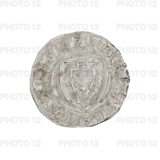 Teutonic szelag. Obverse: monastic shield of the Grand Master; rim between pearl borders with inscription. Reverse: monastic shield; rim between pearl borders with inscription. Inscription: 1407–1410. Maker: Ulrich von Jungingen (Grand Master; 1407–1410); Mynlein, Dietz (fl. 1394–1409), publisher. Iconography: Teutonic shield; monastic shield of the Grand Master; Teutonic Knights (order). Coin type: Gdansk coin. Materials/format: diameter 21 mm; weight 1.66 g; axis 150°.