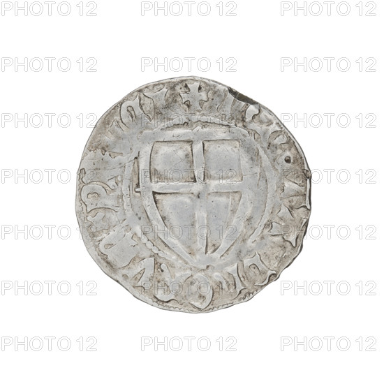 Teutonic szelag, Ulrich von Jungingen (Grand Master; 1407–1410); Mynlein, Dietz (fl. 1394–1409), publisher. Teutonic shield (iconographic); monastic shield of the Grand Master (iconographic); Teutonic Knights (order). Obverse: monastic shield of the Grand Master with inscription on the rim between the pearl borders. Reverse: monastic shield with inscription on the rim between the pearl borders, 1407–1410. State of the Teutonic Order (1226–1525), Gdansk; coin; diameter 21 mm; weight 1.66 g; axis 150°.
