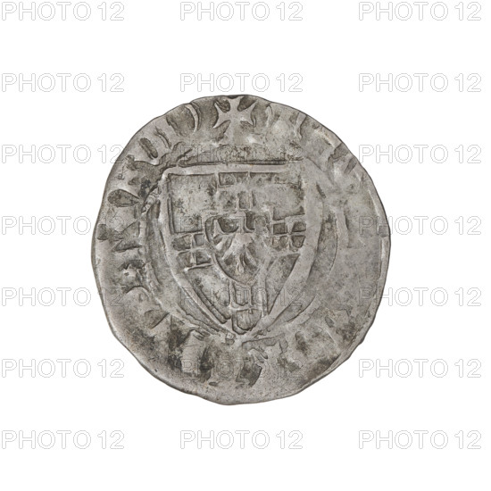 Teutonic szelag, Konrad von Jungingen (Grand Master; 1393–1407), Teutonic Knights' shield. Obv. Teutonic Knights' shield. In the rim, between the pearly borders, an inscription. Rev. Teutonic Knights' shield. In the rim, between the pearly borders, an inscription. 1393–1407. State of the Teutonic Order (1226–1525). Torun, Malbork, Gdansk. Coin, diameter 21.2 mm, weight 1.61 g, axis 270°.