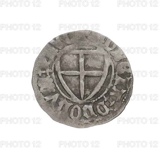 Teutonic szelag, Konrad von Jungingen (Grand Master; 1393–1407). Obverse: Teutonic Knights' shield; in the rim between the pearly borders, an inscription. Reverse: Teutonic Knights' shield; in the rim between the pearly borders, an inscription. Date: 1393–1407. State of the Teutonic Order (1226–1525). Mint cities: Torun, Malbork, Gdansk. Coin; diameter 21.2 mm; weight 1.61 g; axis 270°.